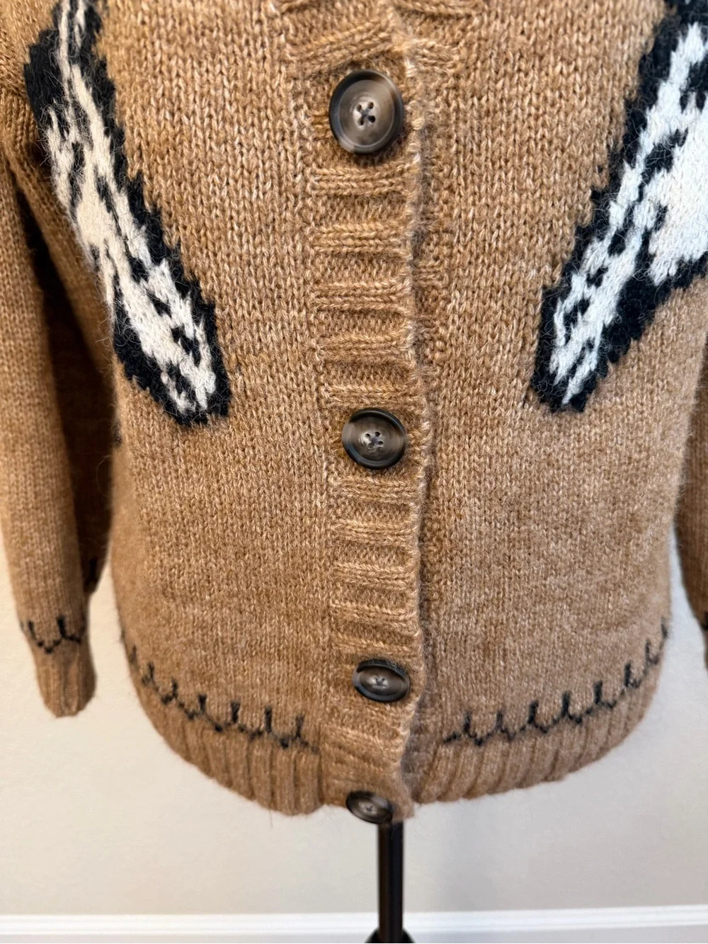 Old Navy Brown Horse Intarsia V-Neck Button Cardigan oversized Sz S Wool Blend